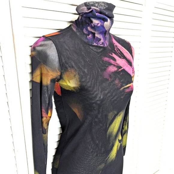 FUZZI Italy Bodycon Turtleneck Mesh Top Medium Black Floral - Picture 3 of 15